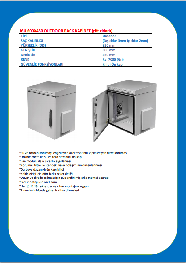 16U 600X450 OUTDOOR KABİNET (ÇİFT CİDARLI)-DATASHEET